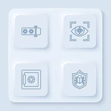 Set line Password protection, Eye scan, Safe and System bug. White square button Stock Illustration