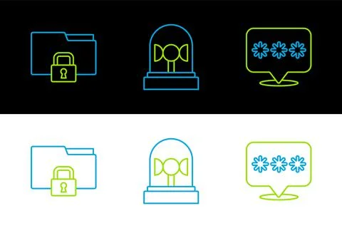 Set line Password protection, Folder and lock and Flasher siren icon. Vector Stock Illustration