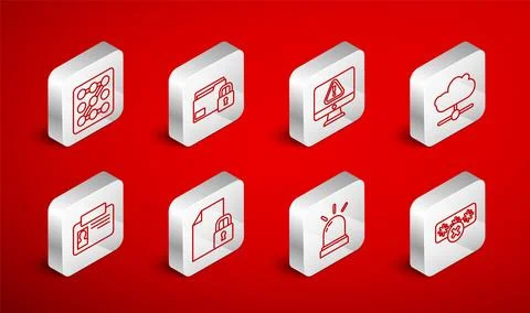 Set line Password protection, Folder and lock, Monitor with exclamation mar.. Stock Illustration