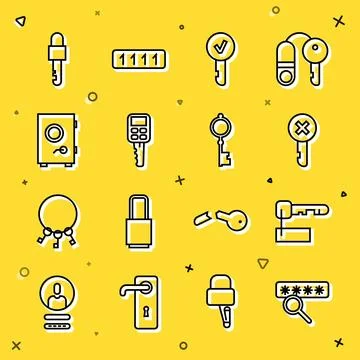 Set line Password protection, Marked key, Wrong, Key, Car with remote, Safe Stock Illustration