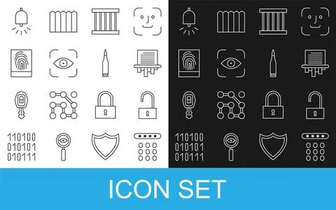 Set line Password protection,  Open padlock, Paper shredder, Prison window,.. Illustrazione stock