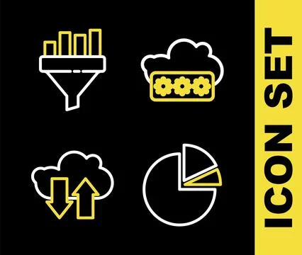 Set line Password protection, Pie chart infographic, Cloud download and upload Stock Illustration