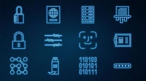 Set line Password protection, Safe, Server, Data, Web Hosting, Barbed wire, Lock Stock Illustration
