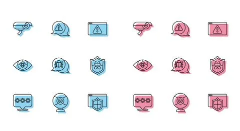 Set line Password protection, Security camera, Browser with shield, System bug Stock Illustration