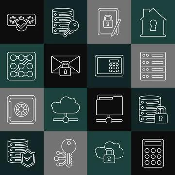 Set line Password protection, Server security with lock, Server, Data, Web Illustrazione stock