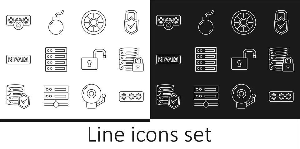 Set line Password protection, Server security with lock, Safe, Server, Data, Web Stock Illustration