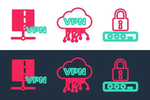 Set line Password protection, Server VPN and Cloud interface icon. Vector 스톡 일러스트