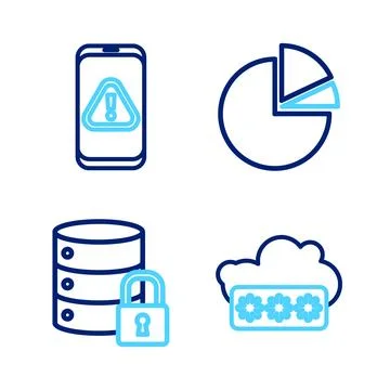 Set line Password protection, Server security with lock, Pie chart infographic Illustrazione stock
