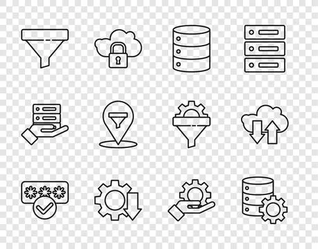 Set line Password protection, Server and gear, Server, Data, Web Hosting, Cost Stock Illustration