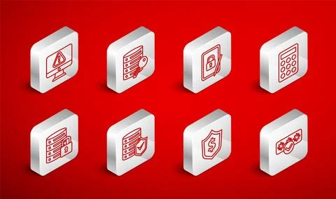 Set line Password protection, Server security with key, Tablet closed padlock Stock Illustration