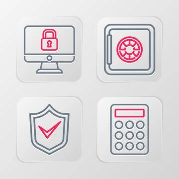 Set line Password protection, Shield with check mark, Safe and Lock computer Stock Illustration