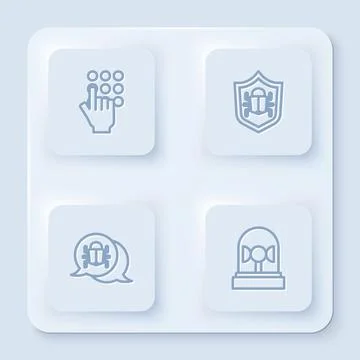 Set line Password protection, System bug, and Flasher siren. White square button 스톡 일러스트