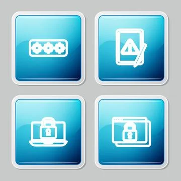 Set line Password protection, Tablet with exclamation mark, Laptop and lock.. Stock-Illustration