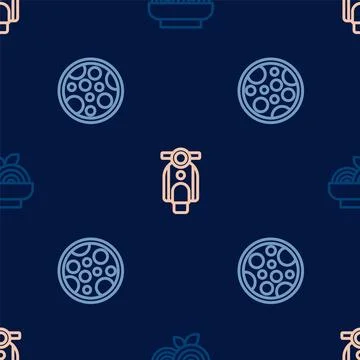 Set line Pasta spaghetti, Pizza and Scooter on seamless pattern. Vector Stock Illustration