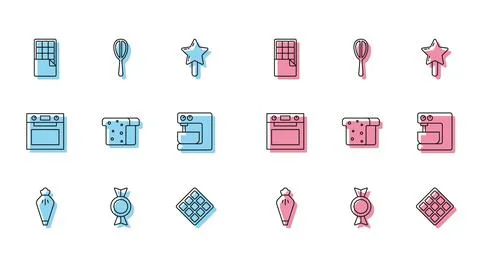 Set line Pastry bag, Candy, Chocolate bar, Waffle, Bread toast, Electric mi.. Stock Illustration
