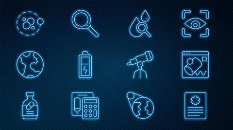 Set line Patient record, Data visualisation, Drop and magnifying glass, Battery Illustrazione stock