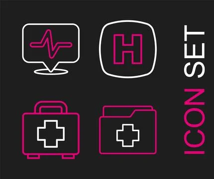 Set line Patient record, First aid kit, Hospital signboard and Heart rate icon Stock Illustration