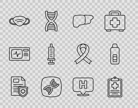 Set line Patient record, Human organ liver, DNA symbol, Medical protective mask Stock-Illustration