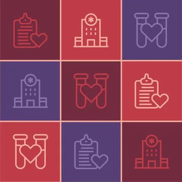 Set line Patient record, Test tube with blood and Hospital building icon. Vector Ilustración de archivo