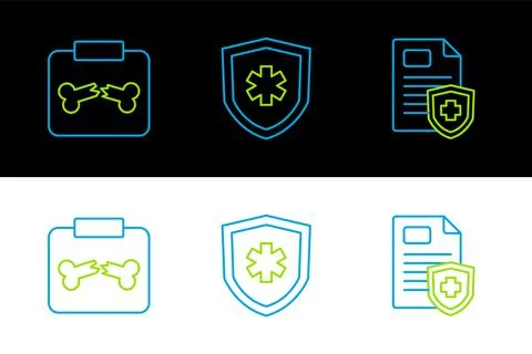 Set line Patient record, X-ray shots with broken bone and Life insurance icon Stock Illustration