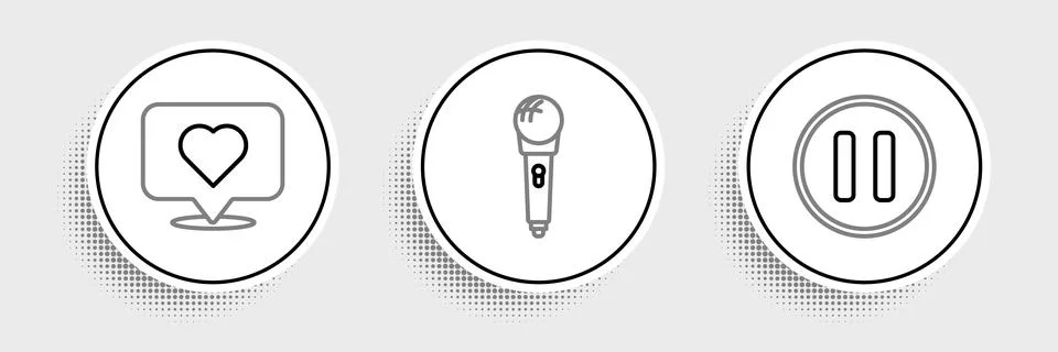 Set line Pause button, Like and heart and Microphone icon. Vector イラスト素材