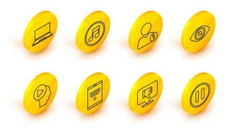 Set line Pause button, Dislike in speech bubble, Tablet, Head people with play Illustrazione stock