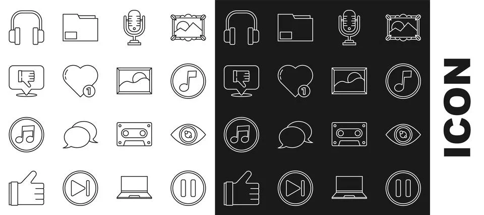Set line Pause button, Eye, Music note, tone, Microphone, Like and heart, D.. Stock Illustration