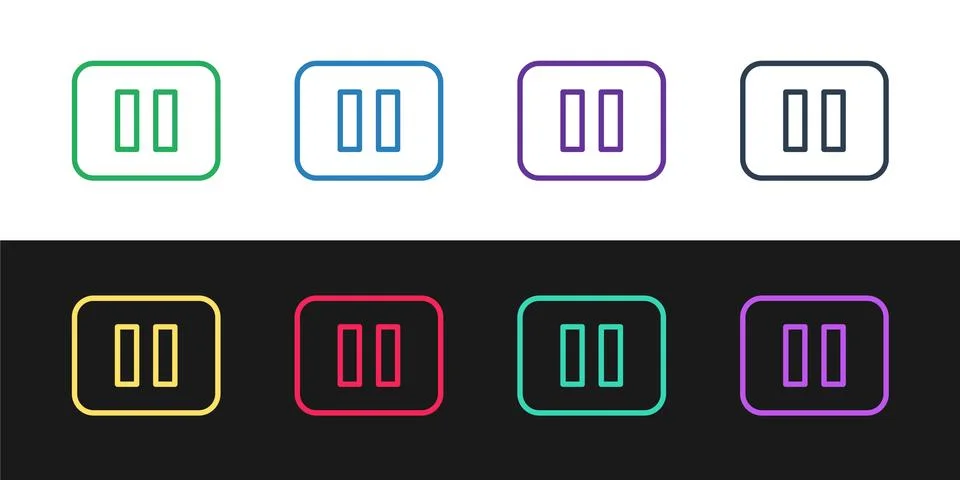 Set line Pause button icon isolated on black and white background. Vector Stock Illustration
