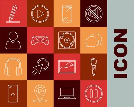 Set line Pause button, Microphone, Speech bubble chat, Smartphone, mobile Stock Illustration