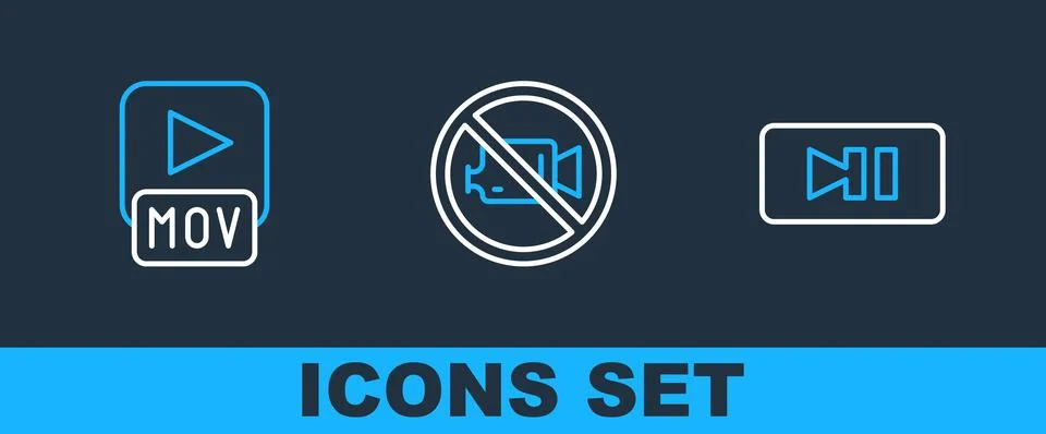 Set line Pause button, MOV file and Prohibition no video recording icon. Vect Stock Illustration