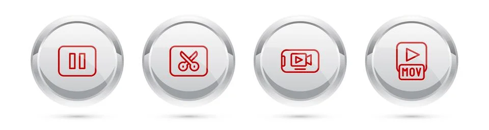 Set line Pause button, Music or video editing, Online play and MOV file. Silv Illustrazione stock