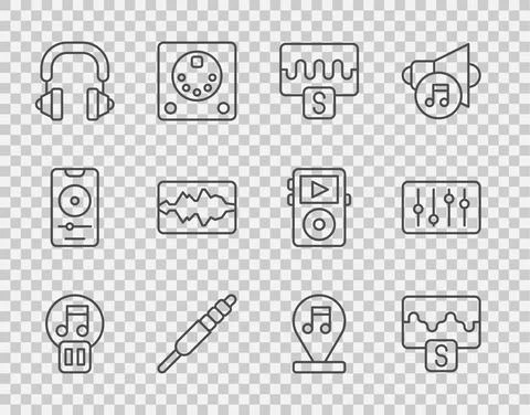 Set line Pause button, Music wave equalizer, Audio jack, Headphones, note, tone Stock Illustration