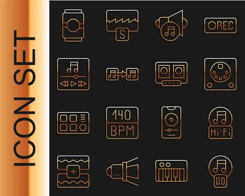 Set line Pause button, Music note, tone, Drum machine, Speaker volume, player Stock Illustration