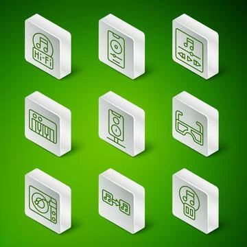 Set line Pause button, Music note, tone, Stereo speaker, synthesizer, player Stock Illustration