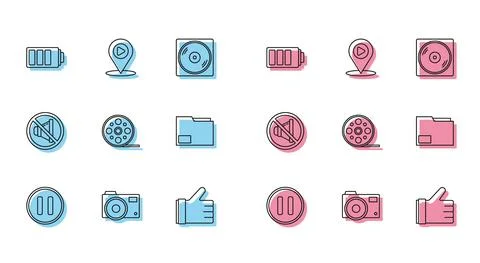 Set line Pause button, Photo camera, Battery charge level indicator, Hand like Stock Illustration