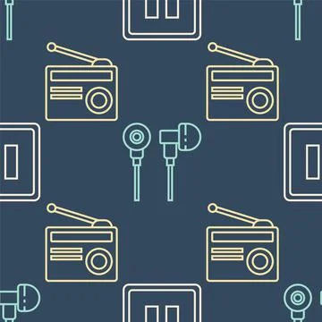 Set line Pause button, Radio with antenna and Air headphones on seamless pattern Stock Illustration