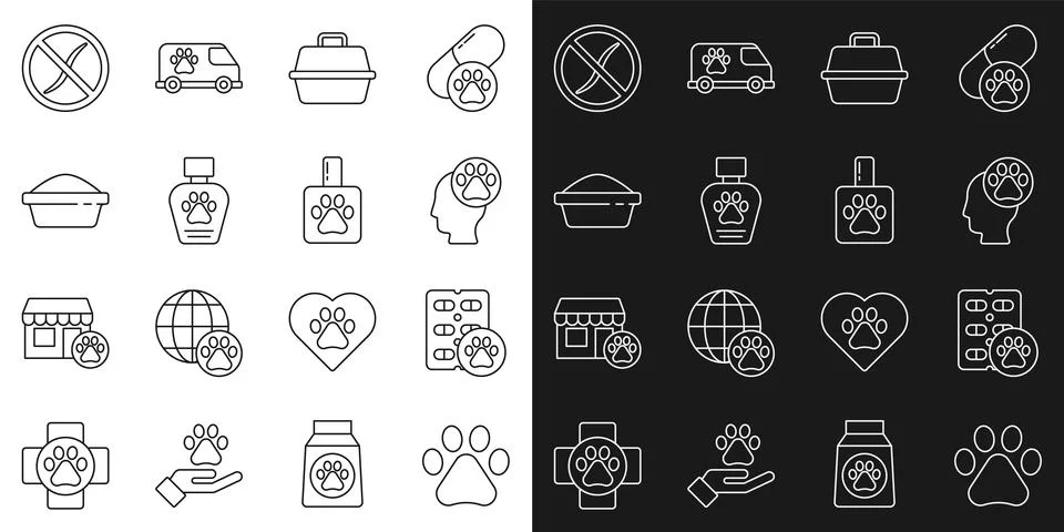 Set line Paw print, Dog pill, Human with animals footprint, Pet carry case Illustrazione stock