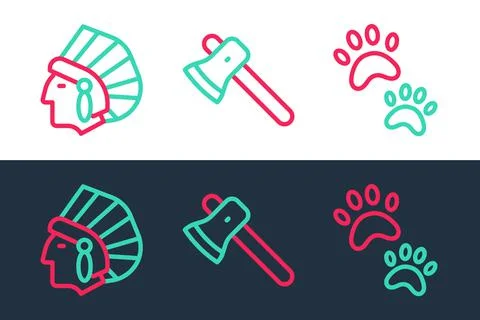 Set line Paw print, Native American Indian and Wooden axe icon. Vector 스톡 일러스트
