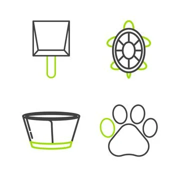 Set line Paw print, Protective cone collar, Turtle and Dustpan icon. Vector Stock Illustration