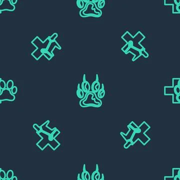 Set line Paw print, Veterinary clinic and on seamless pattern. Vector Illustrazione stock
