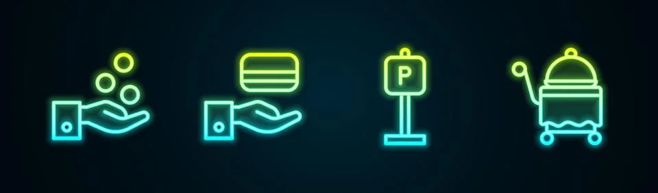 Set line Paying tips, Digital door lock, Parking and Covered with tray. Glowing Illustration
