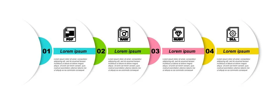 Set line PDF file document, RAW, RUBY and DLL. Business infographic template Illustrazione stock