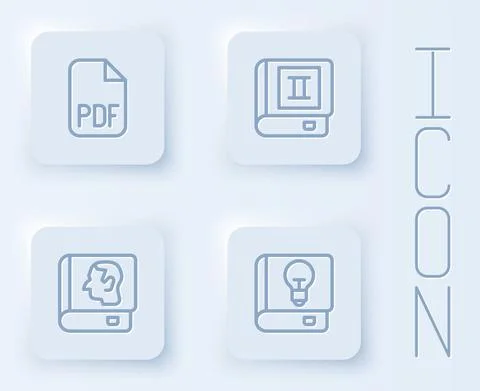 Set line PDF file document, Book, Law book and User manual. White square button Stock Illustration