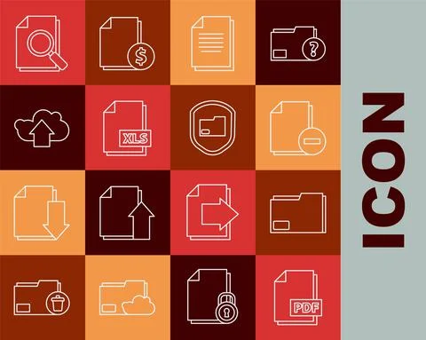 Set line PDF file document, Document folder, with minus, XLS, Cloud upload Stock Illustration