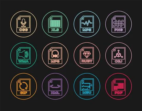 Set line PDF file document, OBJ, MP3, WMA, OGG, RUBY and XLS icon. Vector Illustrazione stock