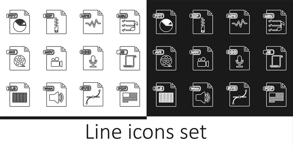 Set line PDF file document, JS, MP3, MOV, AVI, PPT, OGG and ZIP icon. Vector Stock Illustration