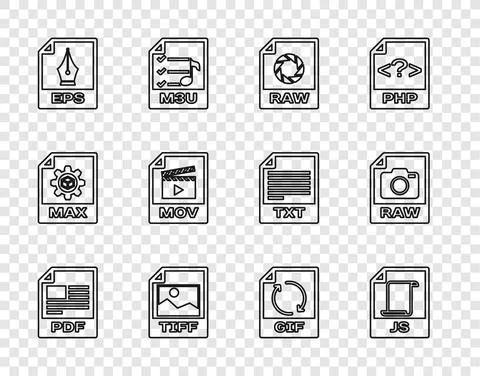 Set line PDF file document, JS, RAW, TIFF, EPS, MOV, GIF and icon. Vector Illustrazione stock