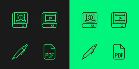 Set line PDF file document, Pen, User manual and Book about cinema icon. Vector Stock Illustration