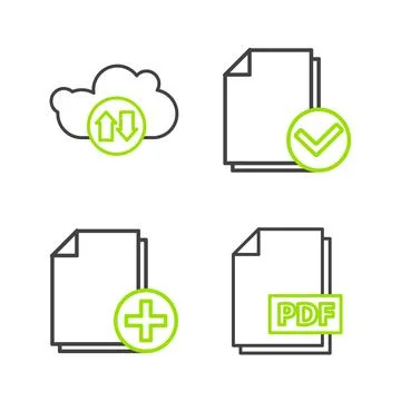 Set line PDF file document Add new Document and check mark and Cloud download Stockillustratie