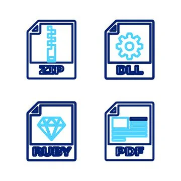Set line PDF file document, RUBY, DLL and ZIP icon. Vector Illustrazione stock